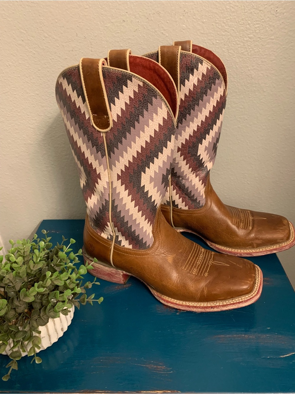 Ariat Brown Leather Western Boots with Purple & Cream Chevron Shaft